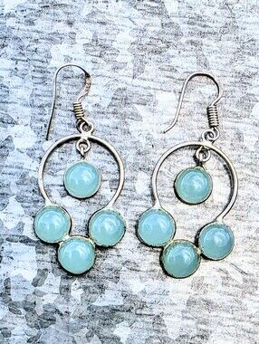 Aqua Chalcedony Gemstone Earrings In 925 Sterling Silver (2")